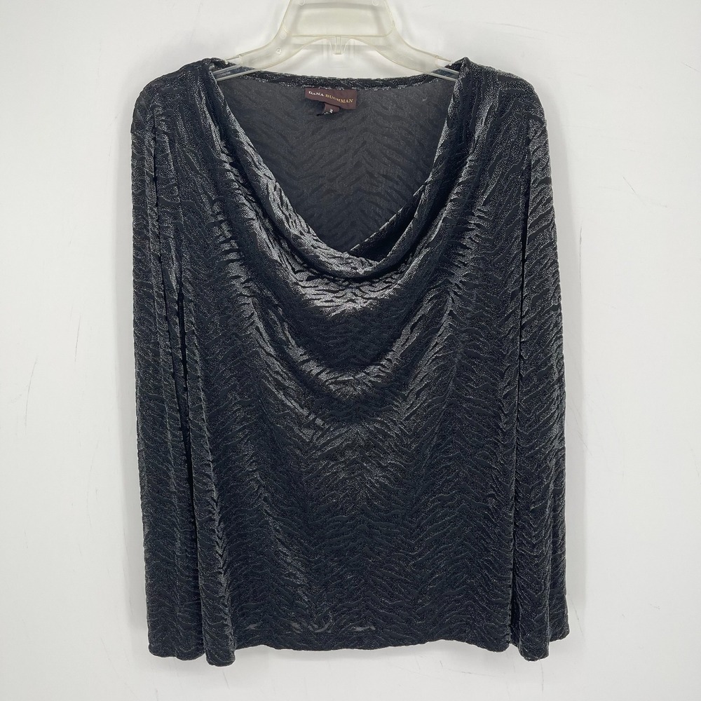 Dana Buchman Women's Y2K Black Zebra Metallic Cowl Neck Long Sleeve Top Size XL